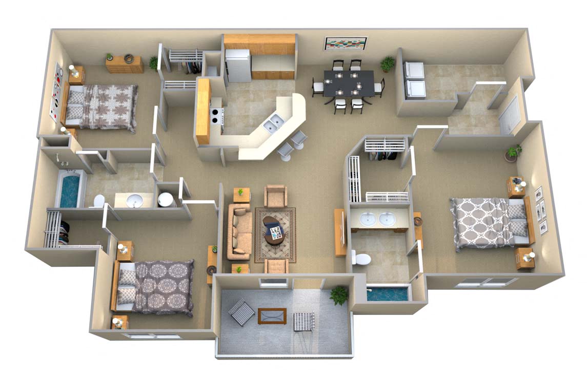 Floor plan for 3 beds, 2 baths, 1495 sqft